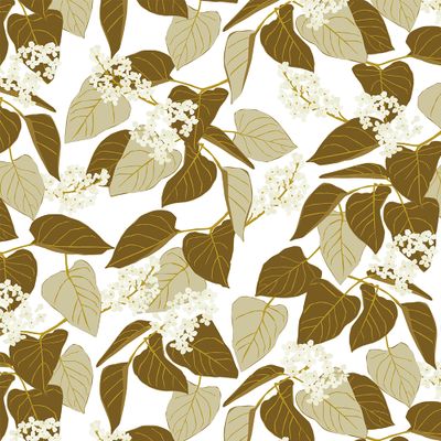 Mönstrat tyg Vid fikabordet grön med gröna och beige blad samt ljusa blommor på ljus botten