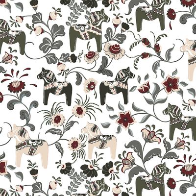 Närbild på Leksand grön tyg metervara från Arvidssons Textil – klassiskt mönster med dalahästar och kurbitsblommor i gröna, röda och beige nyanser på vit botten.