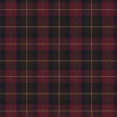 Närbild på tartan tyg med klassiskt rutmönster i vinrött, mörkblått och gröna linjer.