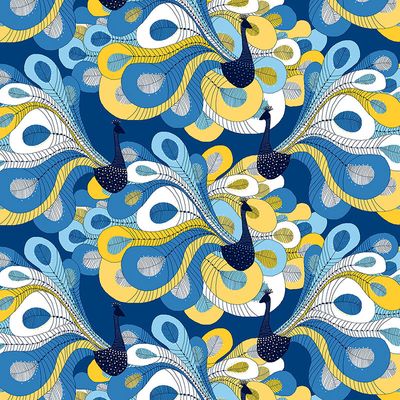 Gardin i tyget Pavo blå-gul. Underbart mönstret med påfåglar och dess fantastiska fjädrar i  blå- gul - Rosahuset.com