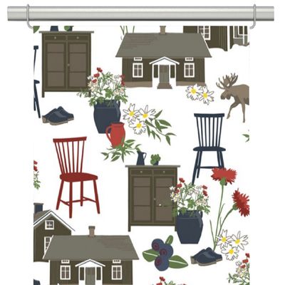 Vackra mönstret Strövtåg motiv av hus och inredning tar tankarna till Dalarna och Hälsingland med dom fina husen, träskor, pinnstolar, älg, bär och blommor.