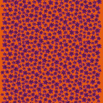 Textil med orange botten och små blommor på metervara, Arvidssons textil, design Björk-Forth.