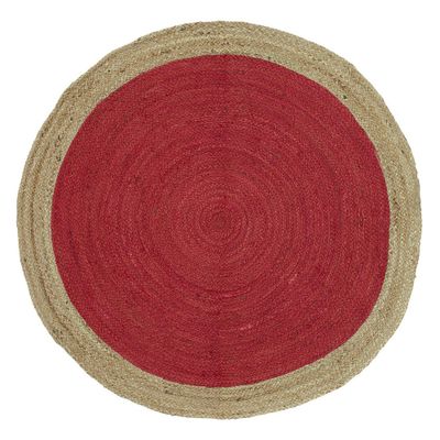 Rund jute matta i juteväv och rött från Svanefors textil, julgransmatta.