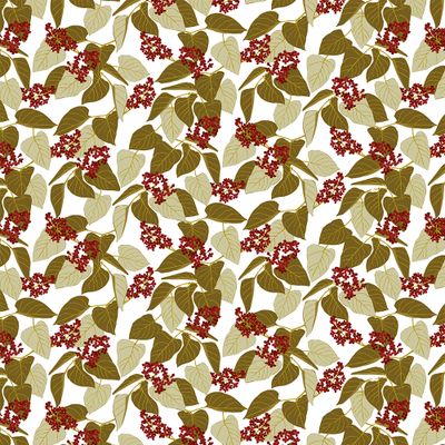 Vid fikabordet röd tyg visat över hela bredden med blad- och bärmönster i rött och grönt
