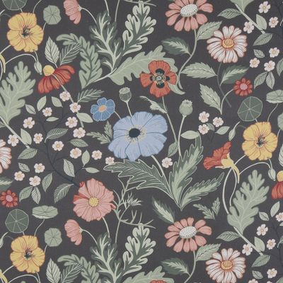 Grått storblommigt tyg med vackra blommor från Klippan yllefabrik.