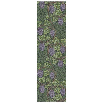 Vine löpare är dekorerad med ett klassiskt mönster av William Morris, druvklasar och gröna bladverk på en djupgröna bakgrunden betonar de lila druvornas detaljrikedom.
