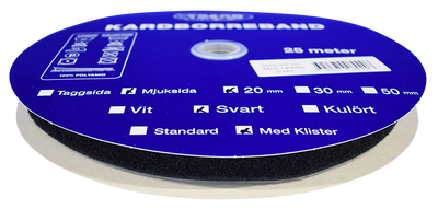 En hel rulle med självhäftande mjuk kardborreband på 25m i svart och 20mm sybehör.