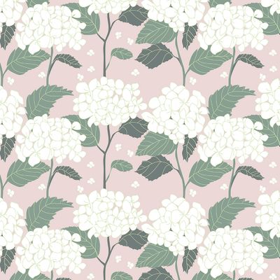 Blommigt tyg med vita hortensior och gröna blad på rosa botten