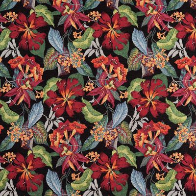 Marcela svart gobeläng med stora röda och orange blommor samt gröna och blå blad mot svart botten.