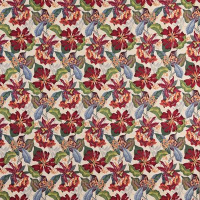 Översiktsbild av Marcela beige gobeläng med upprepat tropiskt blommönster i varma färger på beige bakgrund.