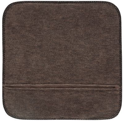 Baksida av kuddfodral i mörk brun färg med dragkedja