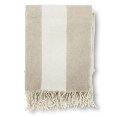 Zara Blockstripe beige pläd med breda ränder i naturvit och beige samt tvinnade fransar i ullblandning