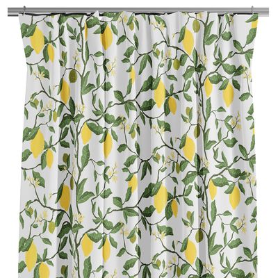 Citronträd gul gardiner med gult citronmönster och gröna blad mot ljus bakgrund