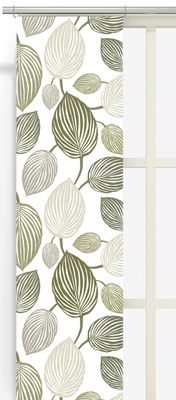 Olivgrön panelgardin med stiliserade blad i fönstermiljö