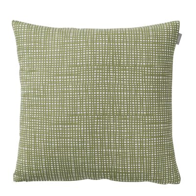 Grönt kuddfodral med vitt handritat rutmönster från Spira of Sweden, i storlek 50x50 cm