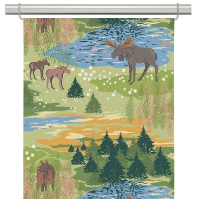 Panelgardiner med älgar och fjäll i varma toner