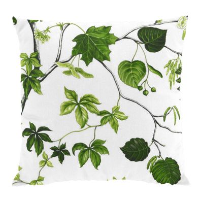 Liv kuddfodral Arvidssons textil design med vit botten och gröna blad och växter.