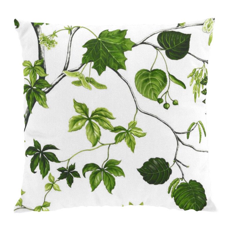 Liv kuddfodral Arvidssons textil design med vit botten och gröna blad och växter.