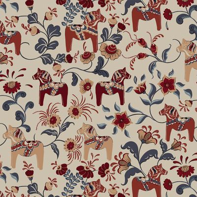 Mönstrat tyg Leksand culla röd med dalahästar och blommor i rött och blått på linnefärgad botten