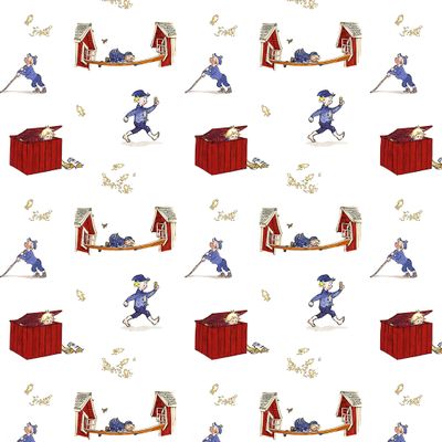 Mönstrat bomullstyg Emils Upptåg vit med Emil i Lönneberga och scener från hans klassiska upptåg