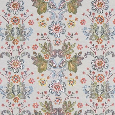 Närbild på Hedvig gobeläng med romantiskt folkloremönster i mjuka färger