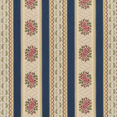 Randigt gobelängtyg Bianca i mörkblått med rosengirlanger och klassiska ornament.