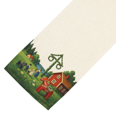 Bordslöpare med klassiskt midsommarmotiv med midsommarstång, kransar och dalahästar