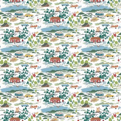 Semester vit tyg visat över hela bredden med sammanhängande mönster av sommarlandskap, campingliv och natur.