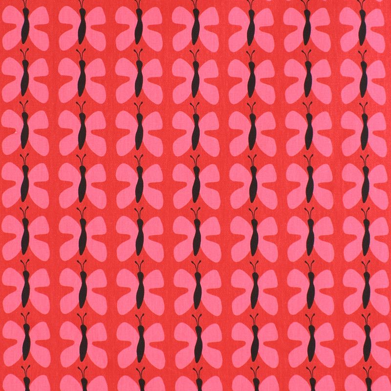 Fjäril mini röd - Tyg med röd botten och cerise fjärilar på metervara, Arvidssons textil, design Björk-Forth.