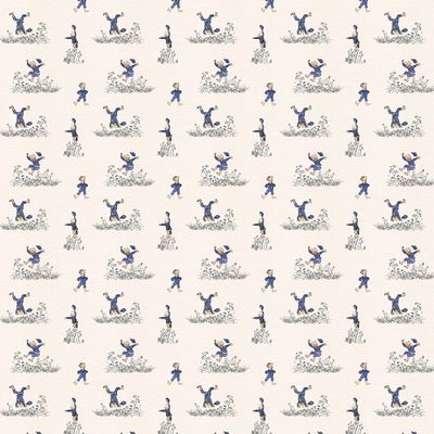 Upprepat mönster av Emils Glädjeskutt beige bomullstyg med Emil i Lönneberga och småländska naturmotiv