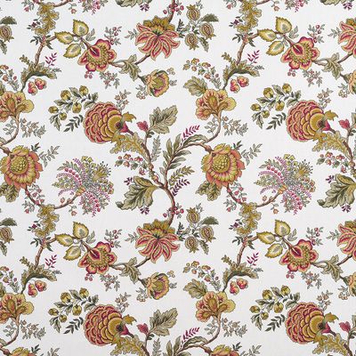 Tyg med klassiskt blommönster i vinrött, gult och grönt på ljus botten