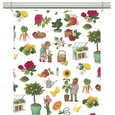 Panelgardin med Gräv & Gro blomstermönster med blommor, frukt, grönsaker och trädgårdsmotiv på ljus botten