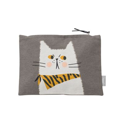 Grå necessär med tecknad katt i vitt och gult, Måns från Spira of Sweden, mot vit bakgrund.