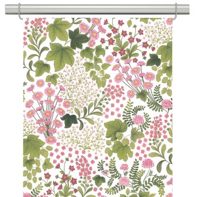 Panelgardin med blomstermönster i rosa och grönt på ljus botten, Mormors Täppa