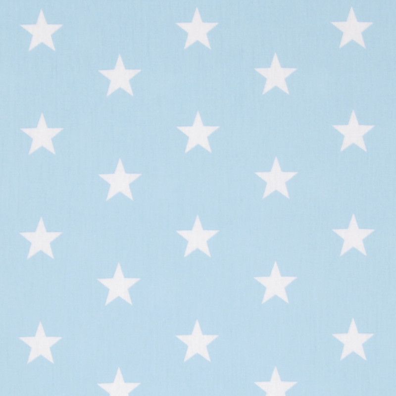 Bomullstyg med ljusblå botten och vita stjärnor till babynest, påslakan och inredning. Öko-tex certifierat tyg.