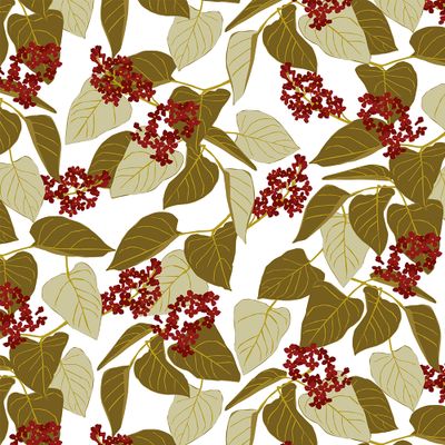 Mönstrat tyg Vid fikabordet röd med olivgröna och beige blad samt röda bär på ljus botten