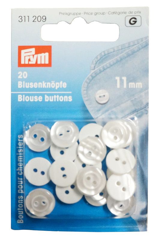 20 st vita blus knappar i en förpacning.