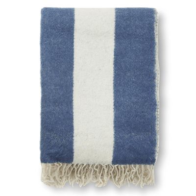 Zara Blockstripe blå pläd med breda ränder i blått och off-white samt tvinnade fransar i ullblandning