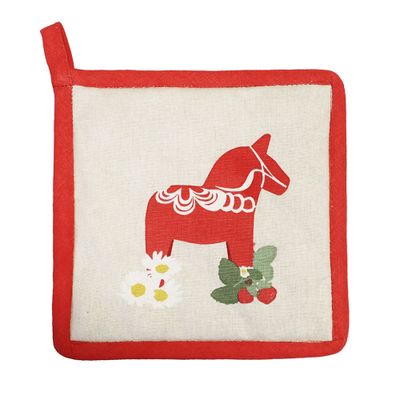 Grytlapp sydd i bomullstyg med röd dalahäst och röd bandkant och ögla, redlunds textil.