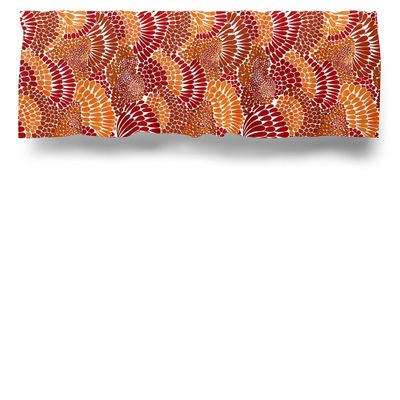 Retro gardinkappa i orange och rött med ett mönster av koraller.