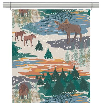 Panelgardiner med älgar och fjäll i varma toner