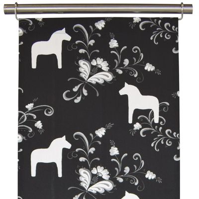 svart-grå panel - Panelgardiner med svart botten och kurbits och dalahästar i svart och grått från Arvidssons textil