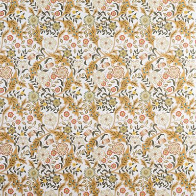 Helbild av tyg med slingrande blommor i ockra och gröna toner