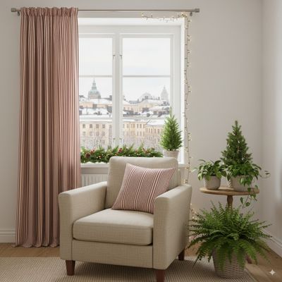 Karin röd gardiner upphängda i fönster med vintrig utsikt och julinspirerad inredning.