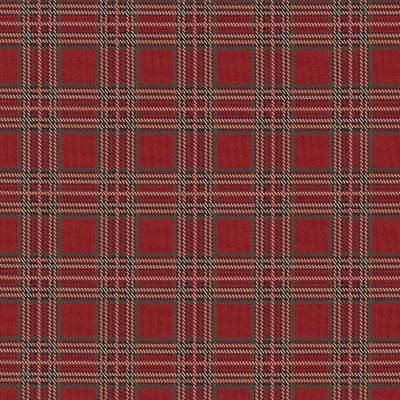 Detaljerad vy över vävt rutmönster i rött, svart och beige med klassisk julkänsla.