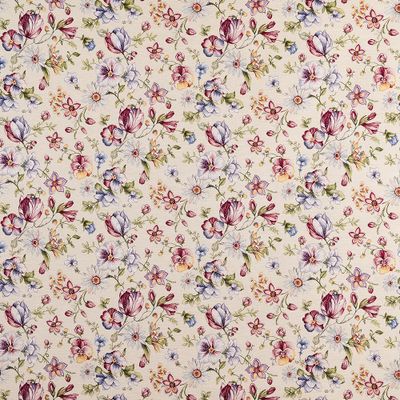 Ganita gobelängtyg med mjukt blomsterprint i vinrött, blått och rosa.