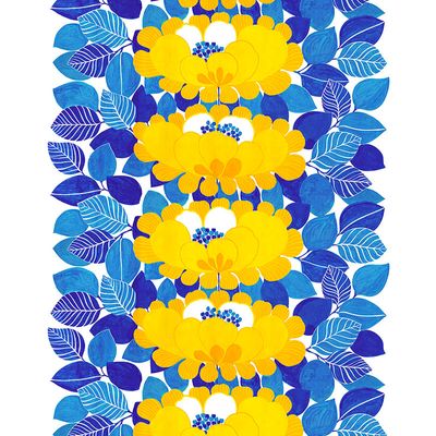 Gardin i Solblomma blå tyg med stort mönster av gula blommor och blå blad - nordisktextil.se
