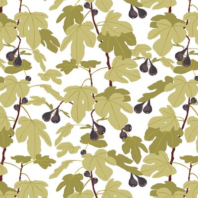 Mönstrat tyg med ljusgröna fikonlöv och mörka fikon mot ljus botten