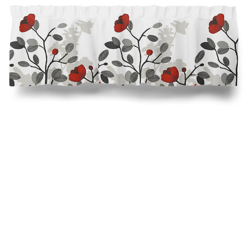Gardinkappa på metervara med grå blad och röd blommor från Arvidssons Textil.