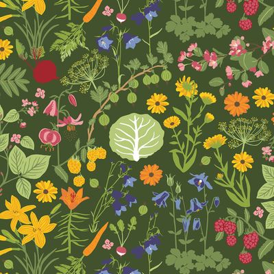 Färgglatt mönster med grön botten och blommor, grönsaker och bär, designat av Edholm Ullenius.